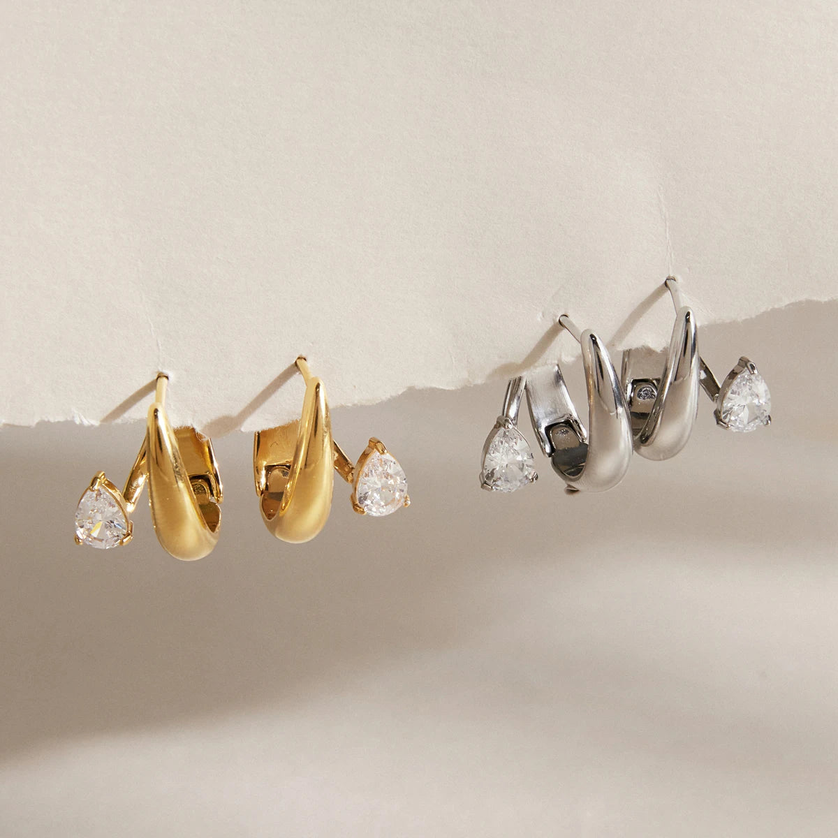 Kika Water Drop Zircon U Shape Clip Earrings Minimalist 18K Gold PVD Plated Stainless Steel 316L