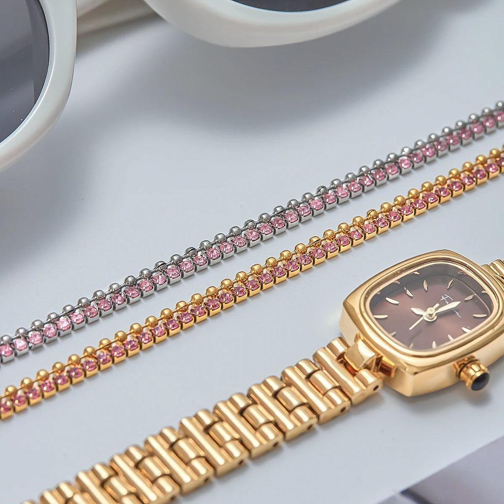 KIKA Minimalist Classic 18K Gold Color Plated Stainless Steel Pink Rhinestone Claw Chain Bead Chain Double-layer Bracelet Wome