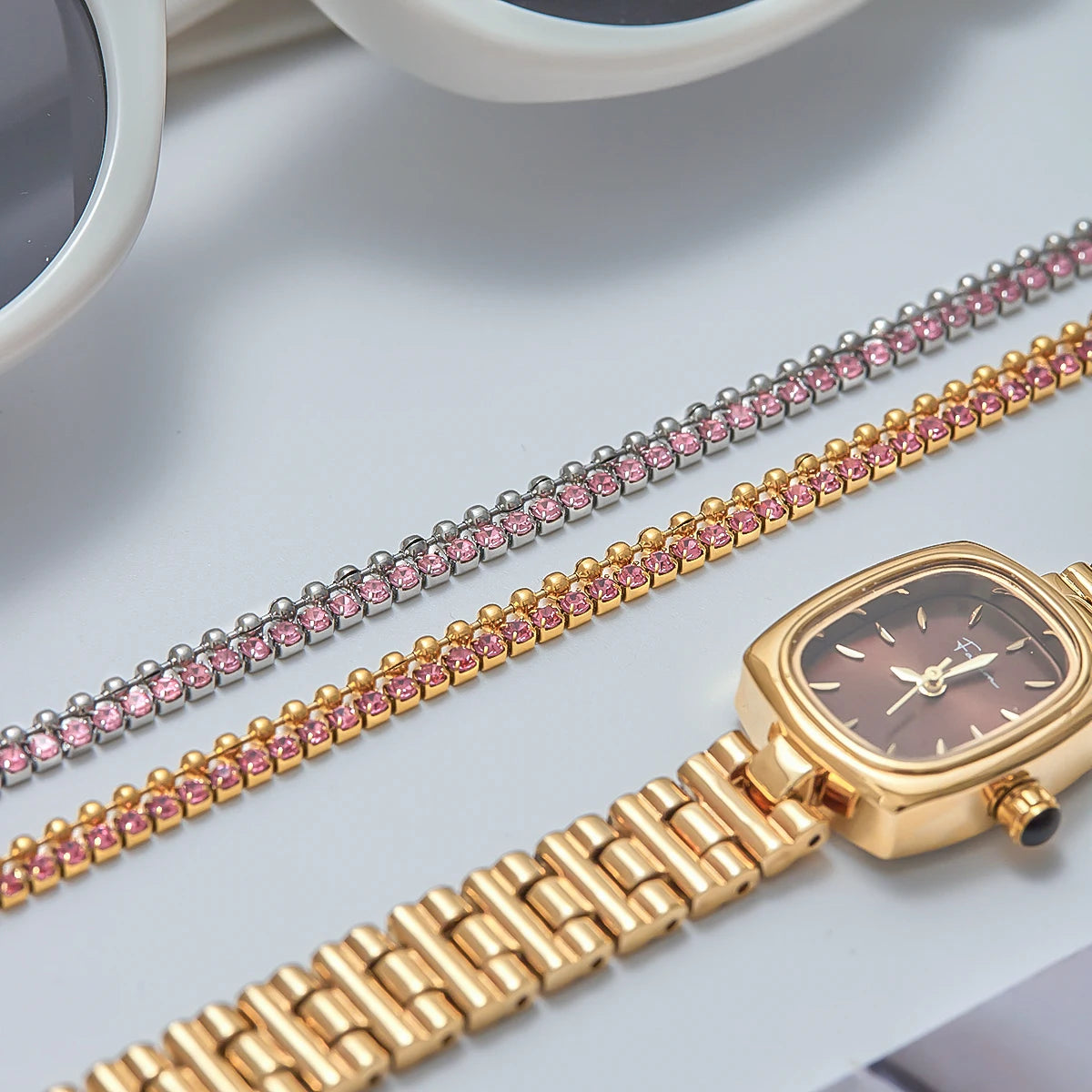 KIKA Minimalist Classic 18K Gold Color Plated Stainless Steel Pink Rhinestone Claw Chain Bead Chain Double-layer Bracelet Wome
