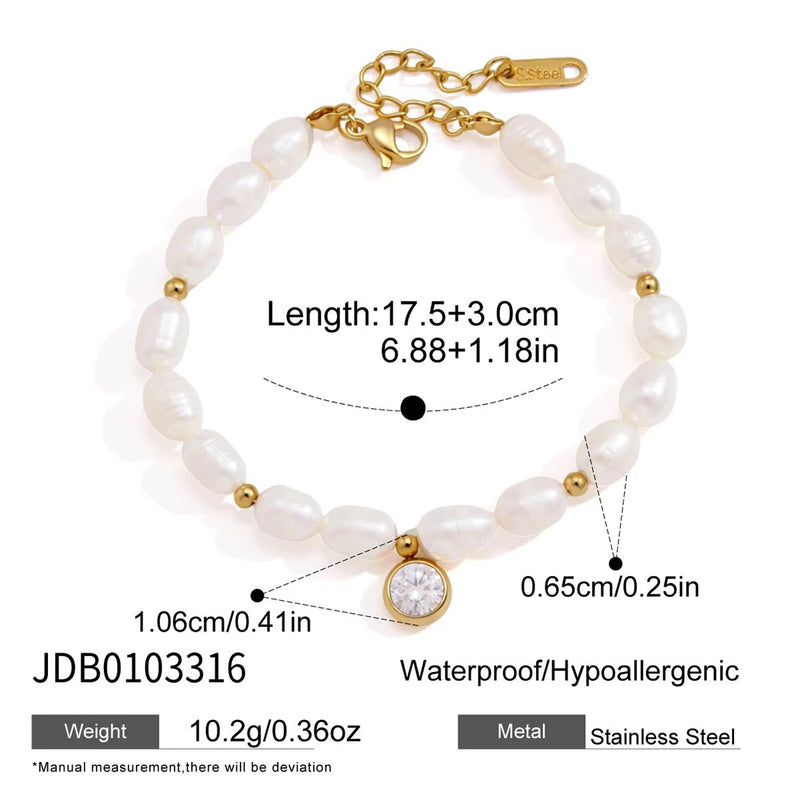 Kika Elegant Freshwater Pearl Chain Round Zircon Charm Bracelet