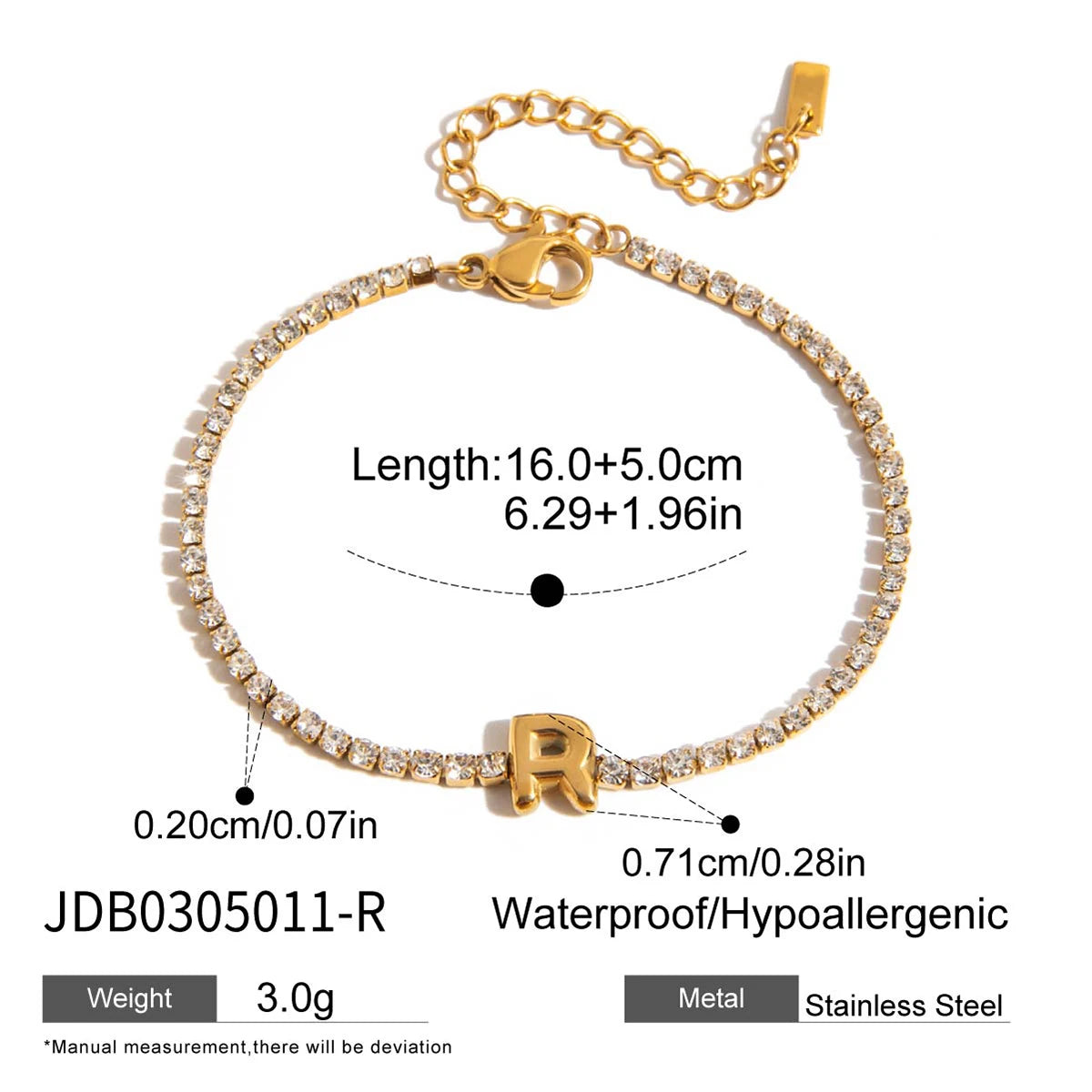 Stainless Steel White Rhinestone Chain Twelve Letter Bracelet