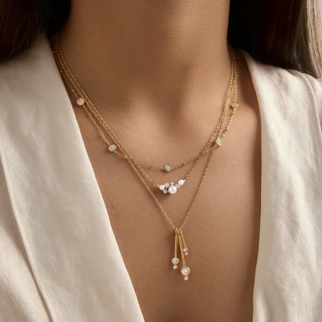 KIKA Delicate Zircon Imitation Pearl Pendant Necklace 18K Gold Plated Stainless Steel 316L