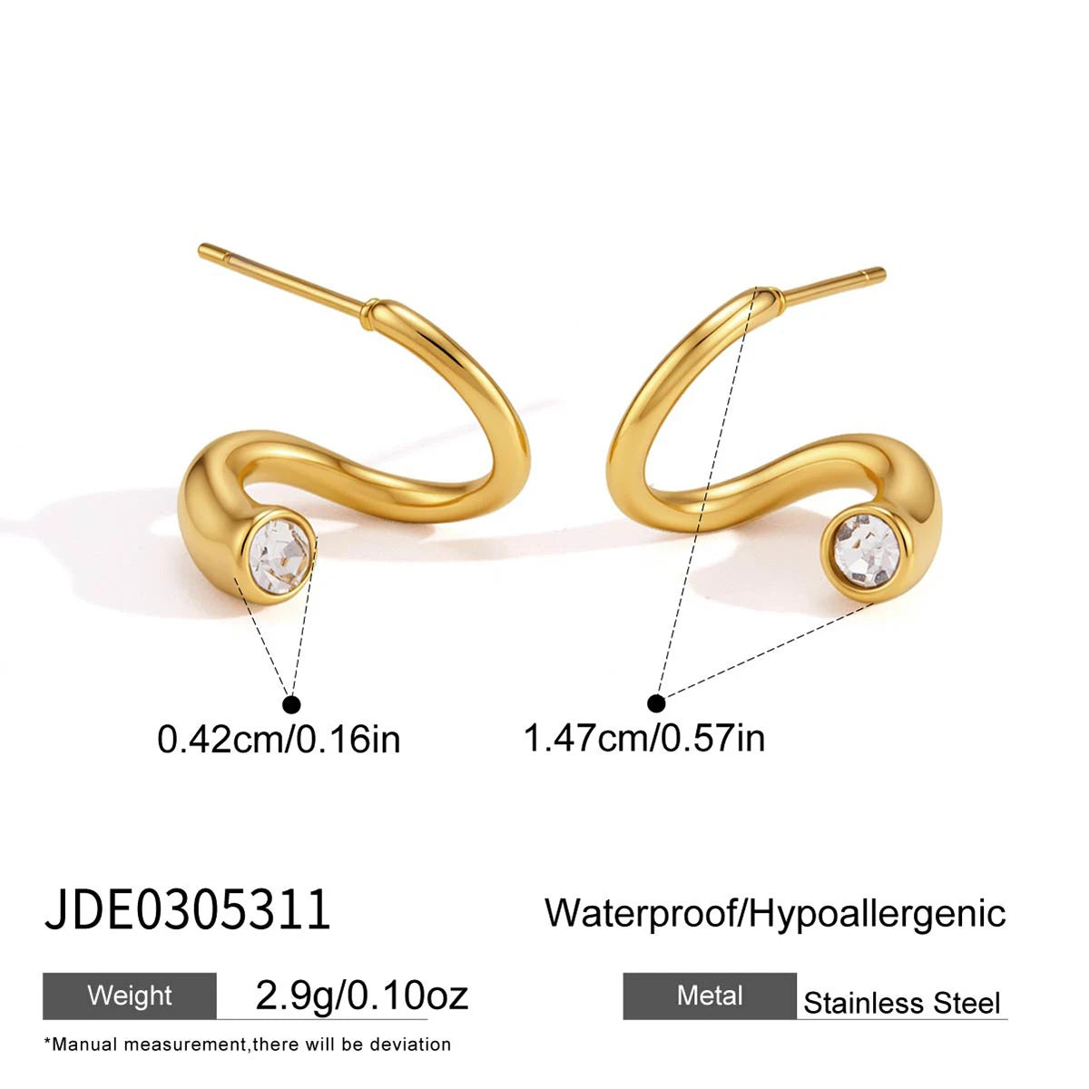 Kika  Geometric Wave Shape Stud Earrings Minimalist 18K Gold PVD Plated Stainless Steel 316L