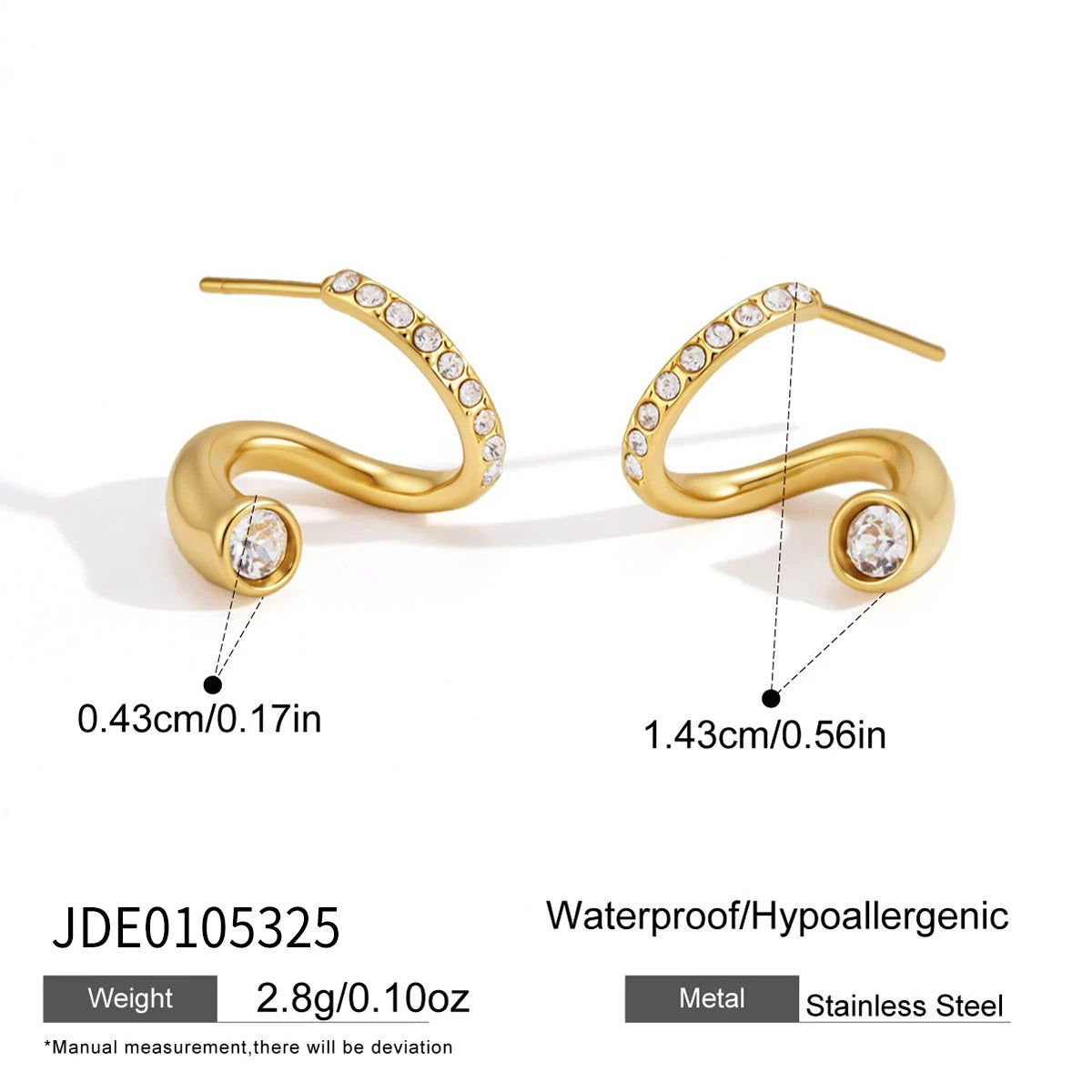 Kika  Geometric Wave Shape Stud Earrings Minimalist 18K Gold PVD Plated Stainless Steel 316L