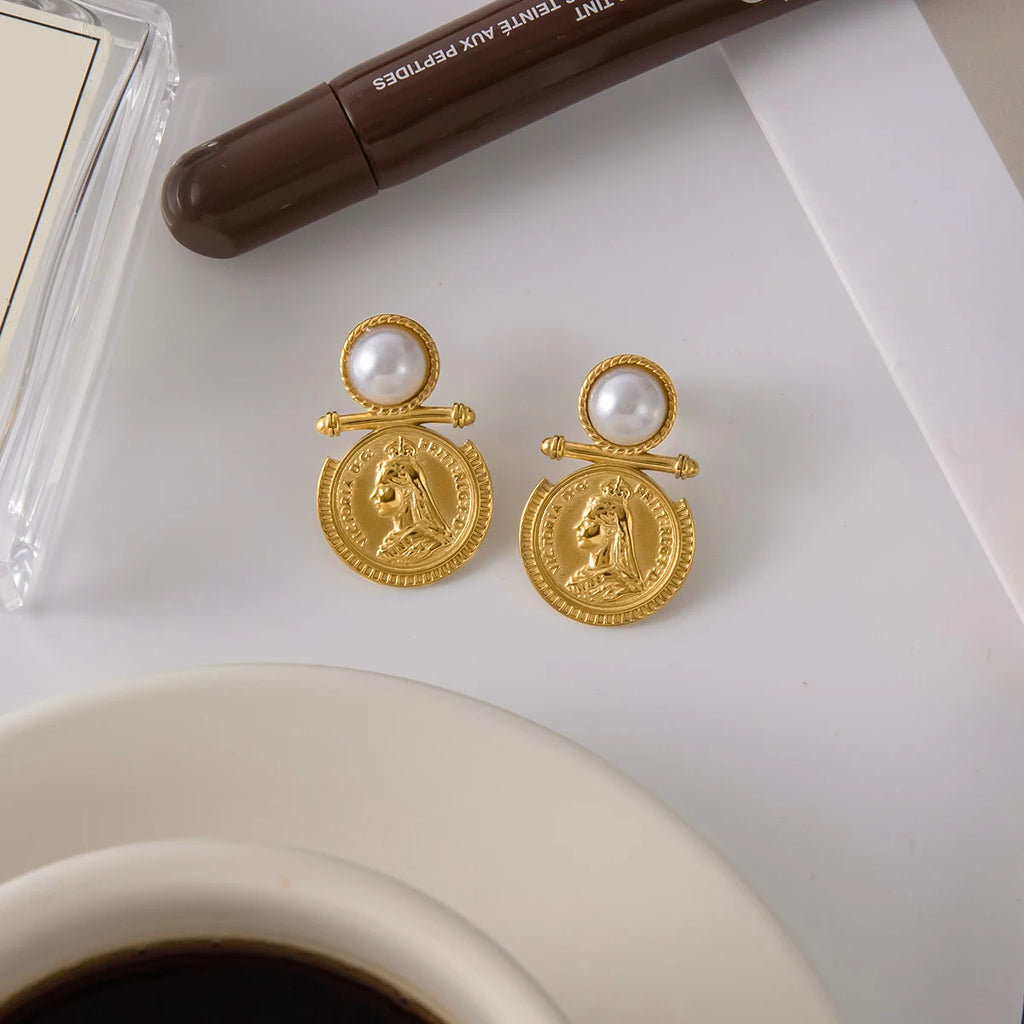 KIKA Classic 18K Gold Color PVD  Plated Inlay Resin Pearl Coin Earring Hypoallergenic Waterproof Stainless Steel 316L