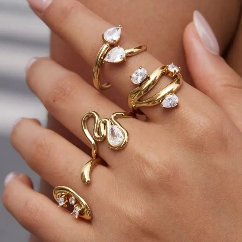 KIKA Delicate Zircon Geometric Open Rings 18K Gold PVD Plated Stainless Steel 316L