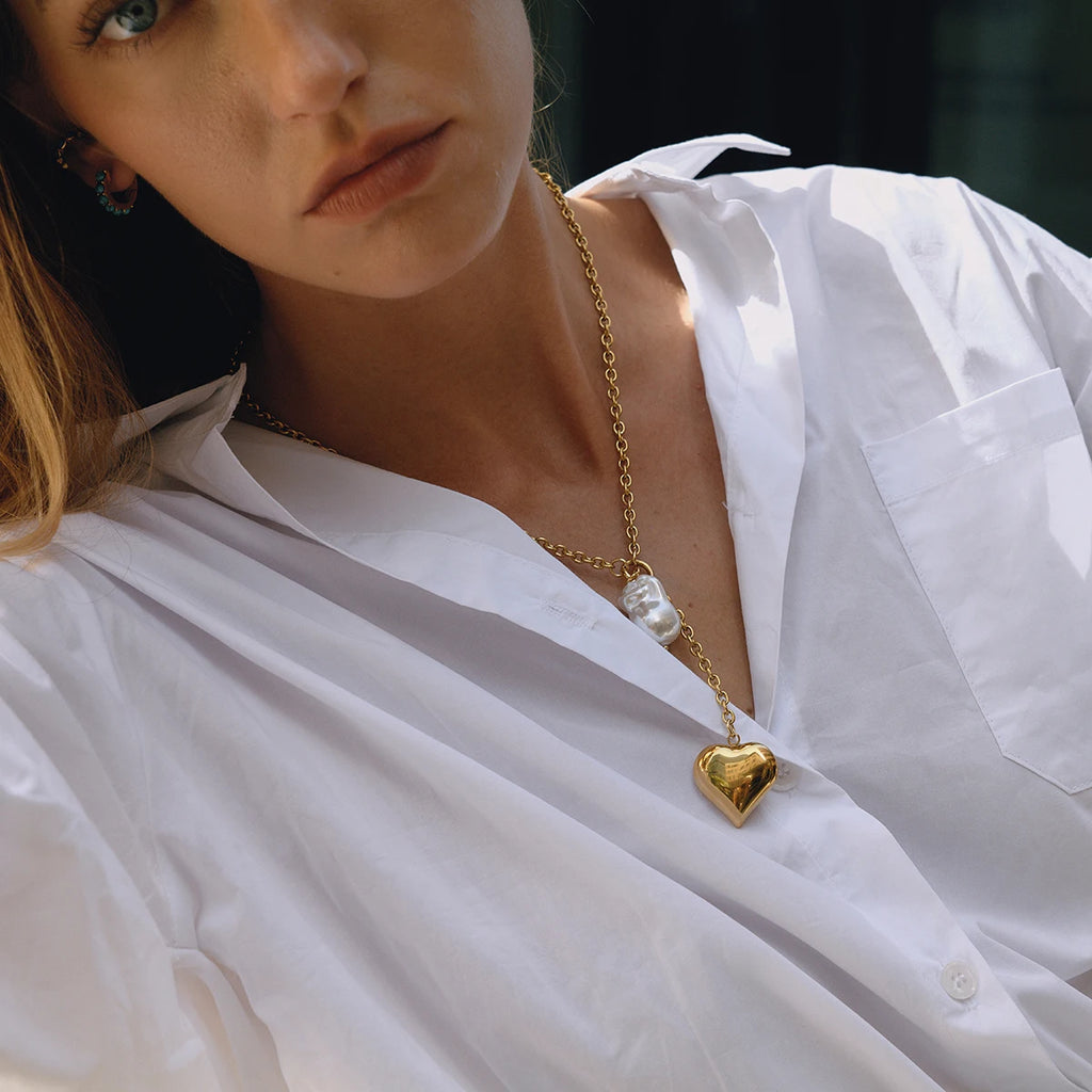 Kika Classic Trendy 18K Gold Color Plated Irregular Pearl Heart Pendant Tassel Y-Shape Necklace