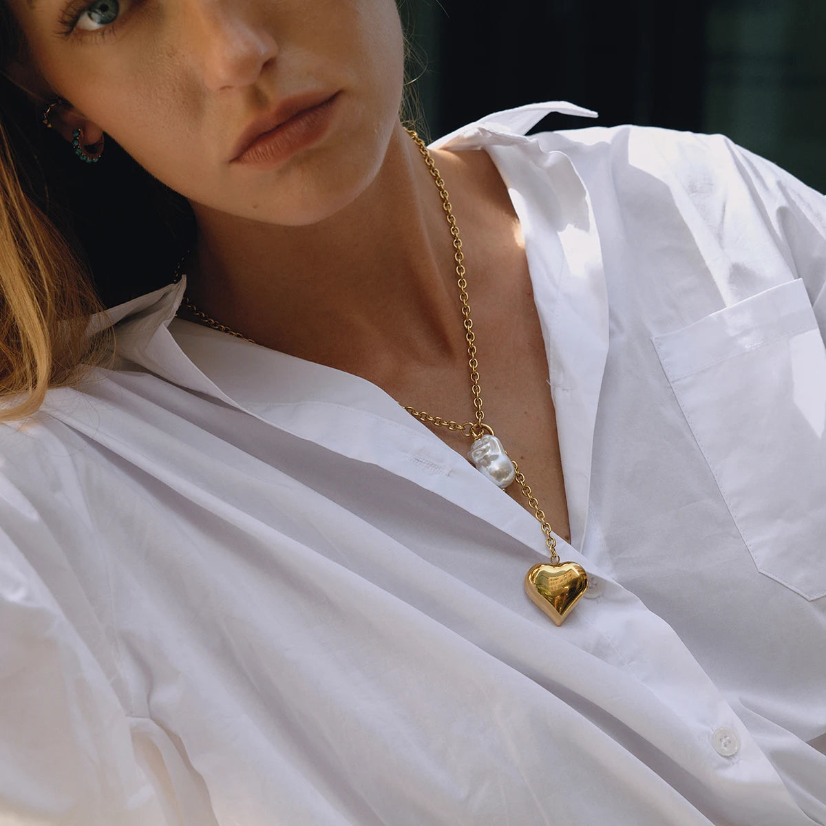 Kika Classic Trendy 18K Gold Color Plated Irregular Pearl Heart Pendant Tassel Y-Shape Necklace