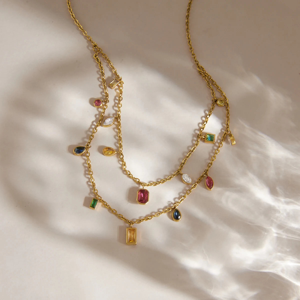 KIKA Multicolor Zircon Pendant Necklace Double Layer 18K Gold Plated Stainless Steel 316L