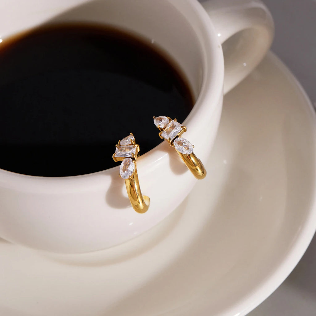 KIKA Geometric Zircon C Shape Stud Earrings 18K Gold PVD Plated Stainless Steel 316L