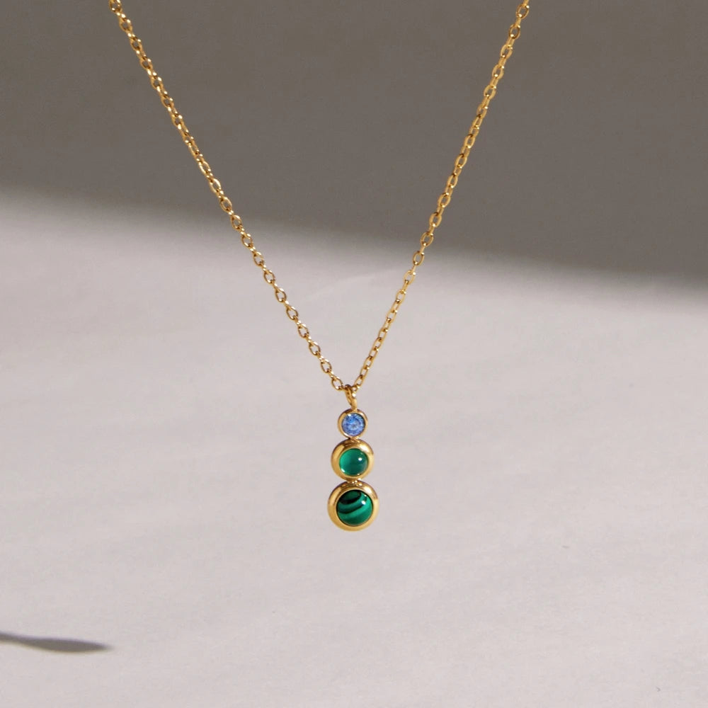 KIKA Malachite Stone Zircon Pendant Necklace For Women Minimalist 18K Gold PVD Plated Stainless Steel 316L