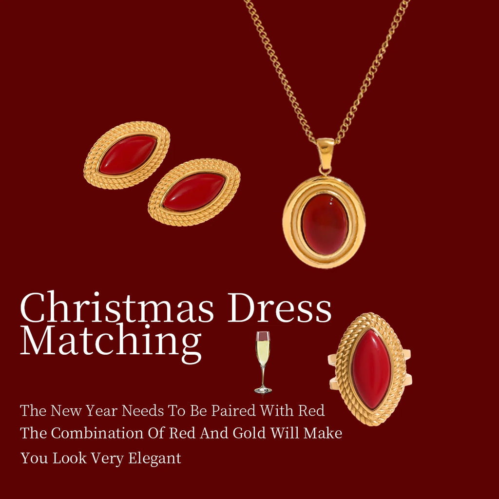 Kika New Year Christmas Red Horse Eye Earrings Devil's Eye Ring Round Pendant Necklace Women's Accessories Gift for Her