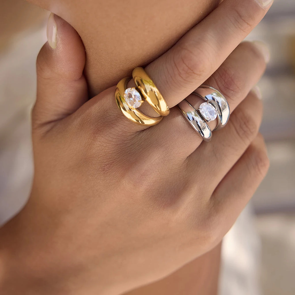 Kika Delicate Oval Zircon Double Layer Open Rings