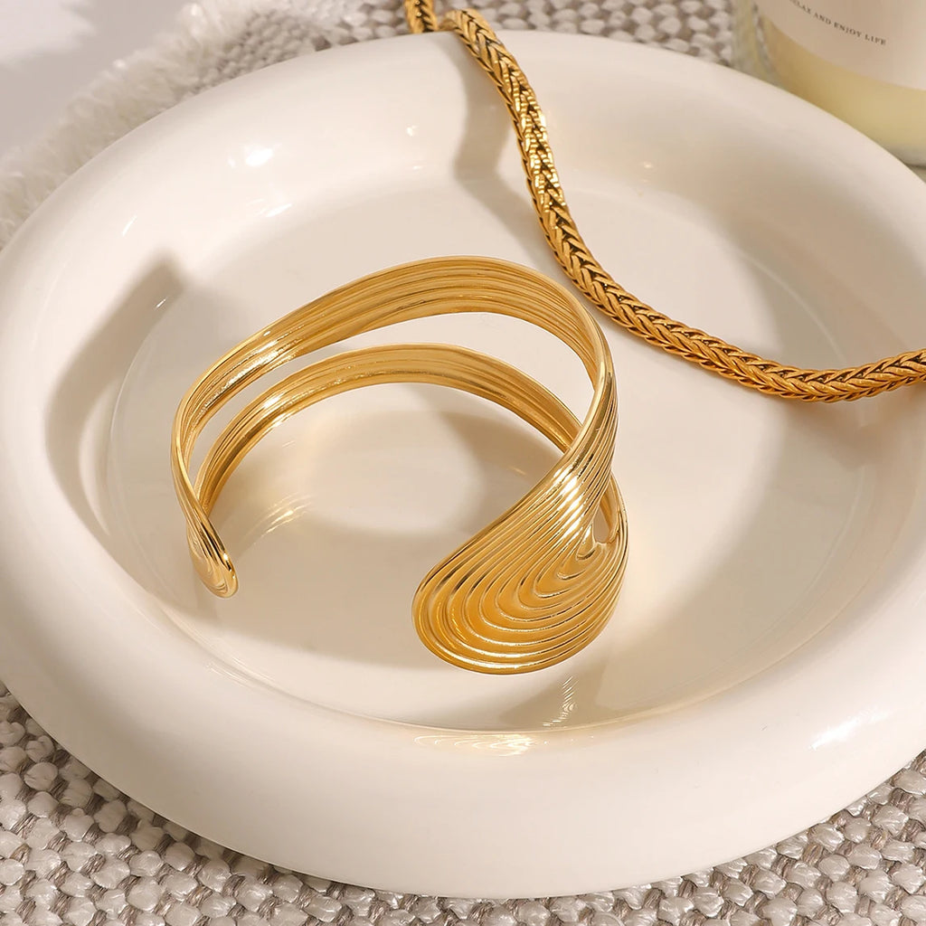 Ribbed Double Layered Hollow Bracelet Adjustable Bangle