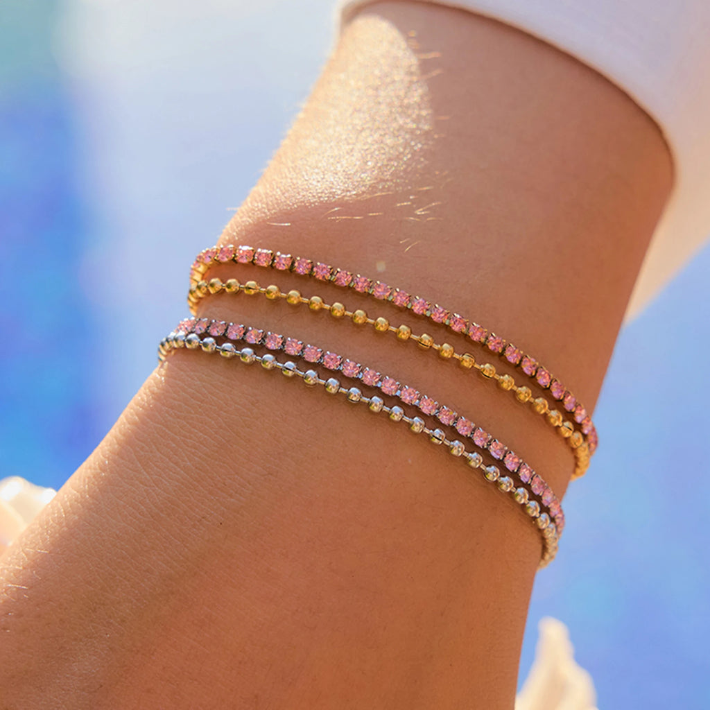 KIKA Minimalist Classic 18K Gold Color Plated Stainless Steel Pink Rhinestone Claw Chain Bead Chain Double-layer Bracelet Wome