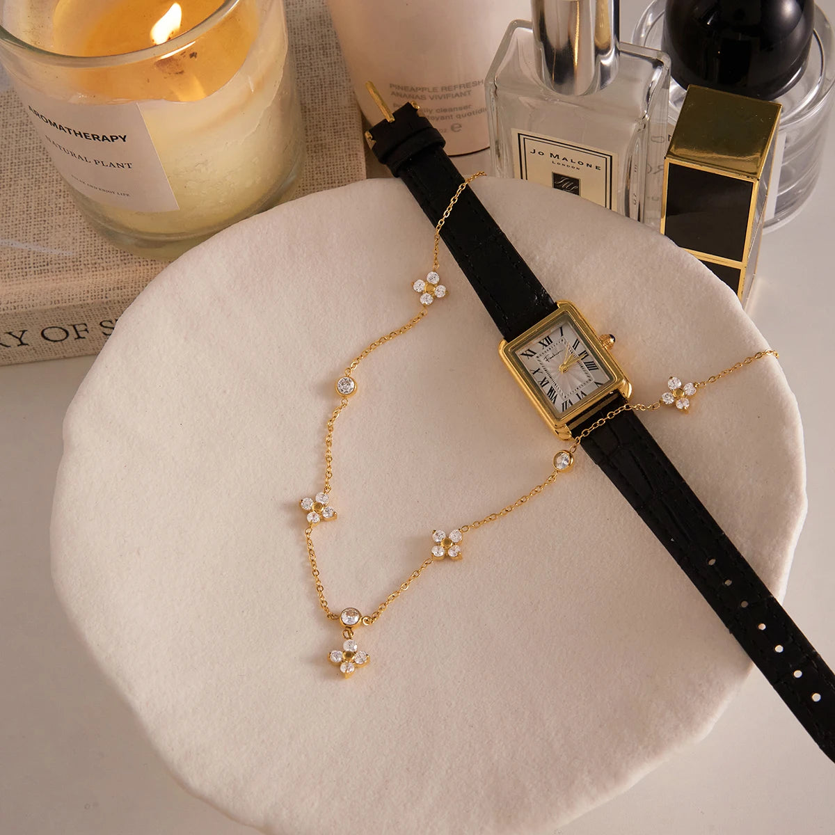 Kika Classic Gold Plated Elegant flowers White Zircon Chain Necklace