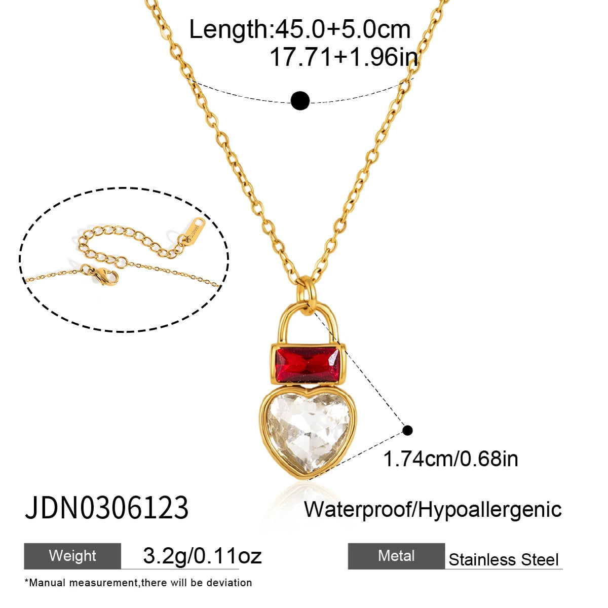 KIKA Heart Round Glass Lock Shape Pendant Necklace For Women 18K Gold PVD Plated Stainless Steel 316L Necklace Fashion Jewelry Gift