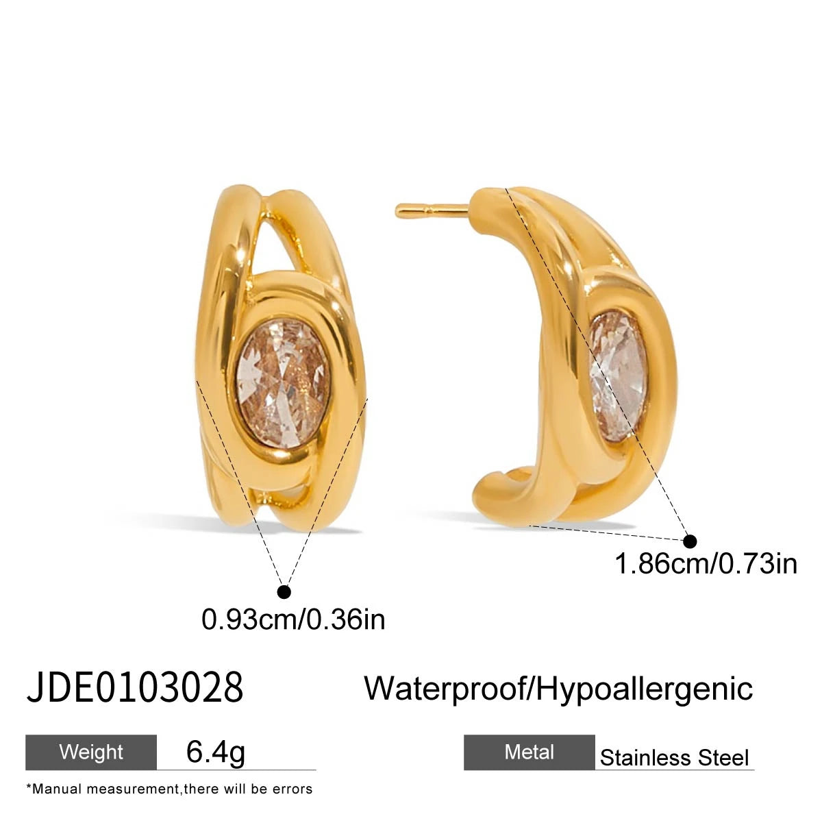 KIKA Minimalist White Zircon C-shaped Earrings 18K Gold Color PVD Plated Stainless Steel 316L Round Earrings
