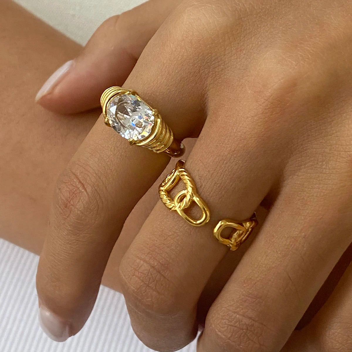 KIKA Exquisite Zircon Hollow Ring Texture Gold Color Stacked Ring PVD Plated Stainless Steel