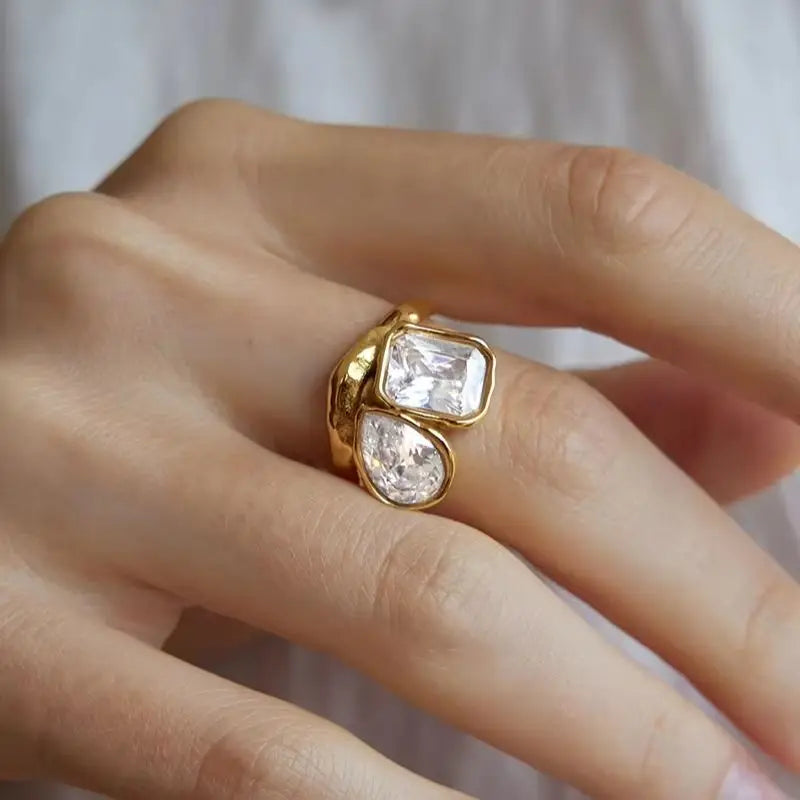 KIKA Water Drop Geometric Zircon Rings For Women Minimalist 18K Gold PVD Plated Stainless Steel 316L