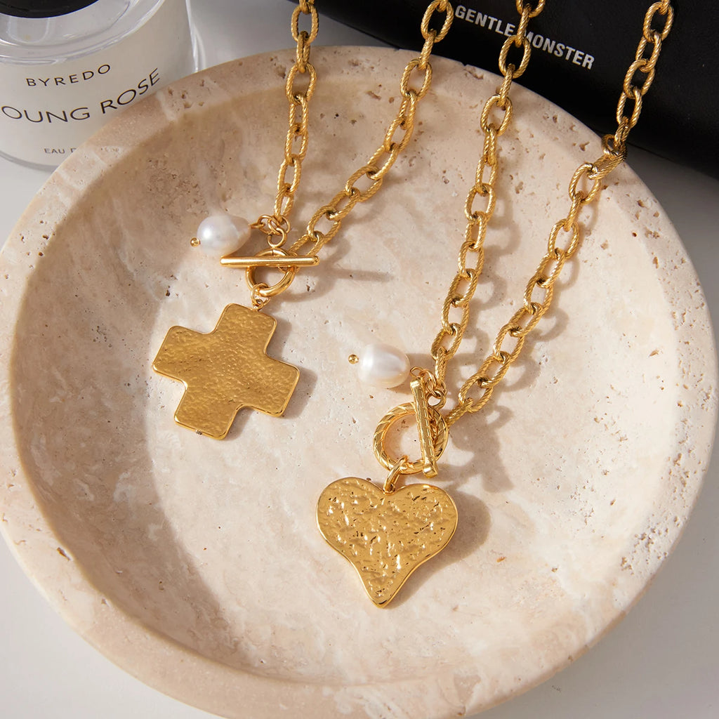 Kika Vintage Hammer Cross Freshwater Pearl Pendant Necklace