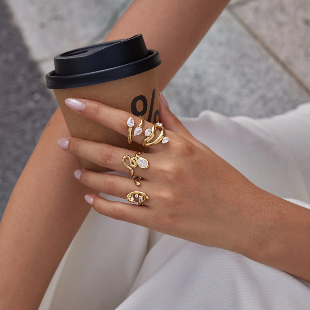 KIKA Delicate Zircon Geometric Open Rings 18K Gold PVD Plated Stainless Steel 316L