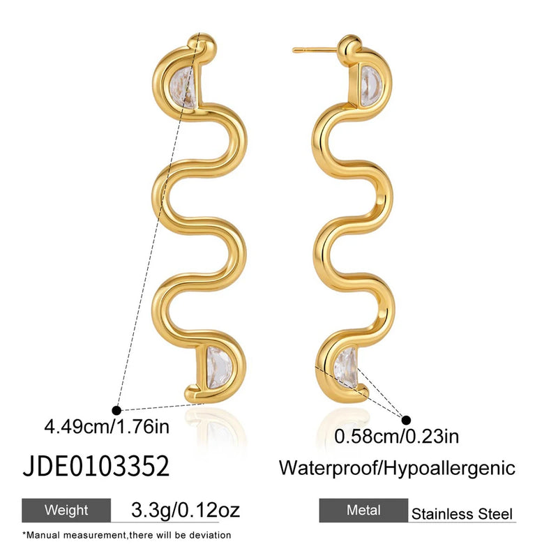 KIKA Delicate Zircon Wave Shape Long Stud Earrings  PVD Plated Stainless Steel 316L