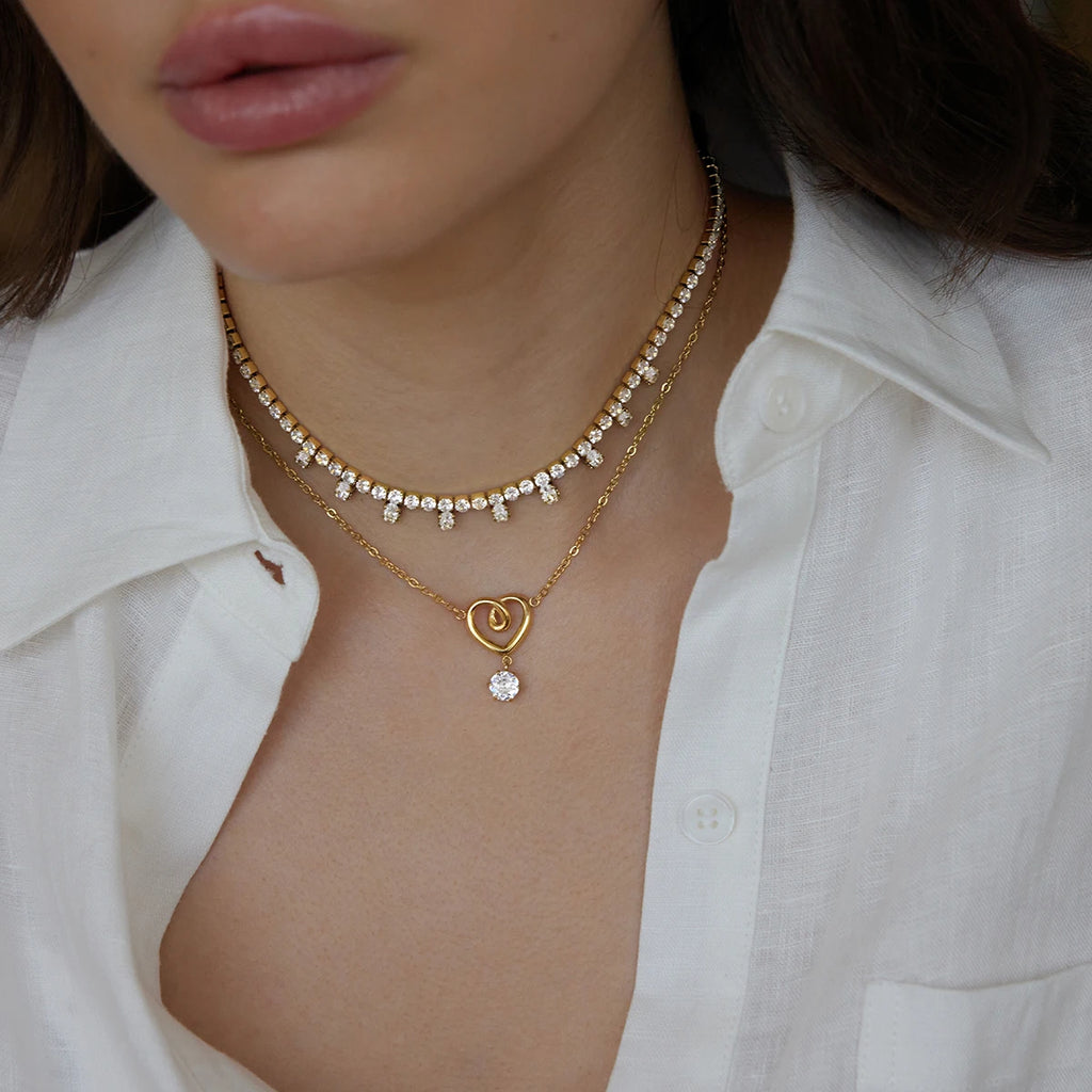 KIKA Twisted Heart Round Zircon Pendant Necklace For Women Minimalist 18K Gold Plated Stainless Steel Necklace Fashion Jewelry
