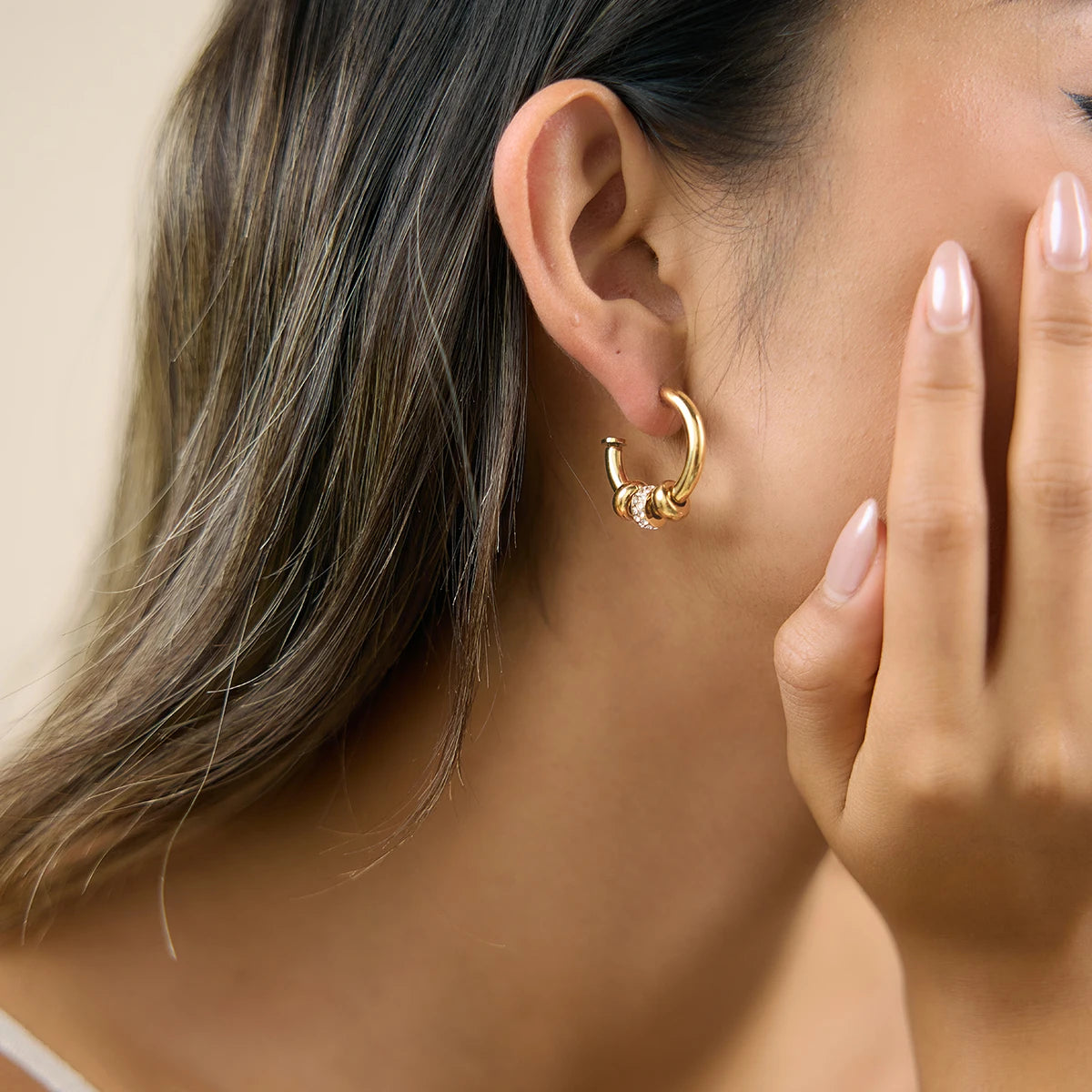 KIKA Delicate White Rhinestone C-Shaped Spliced Loop Earrings PVD Plated Stainless Steel 316L