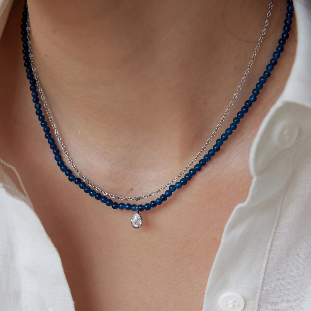 KIKA Water Drop Zircon Pendant Blue Natural Stone Bead Necklace  Delicate Stainless Steel 316L