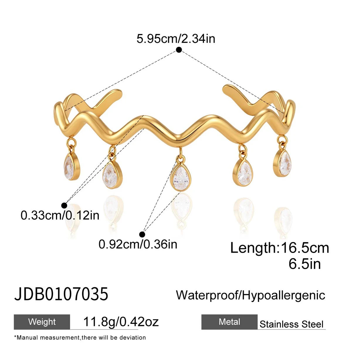 KIKA Water Drop Zircon Wave Shape Cuff Bracelet PVD 18K Gold Plated Stainless Steel 316L
