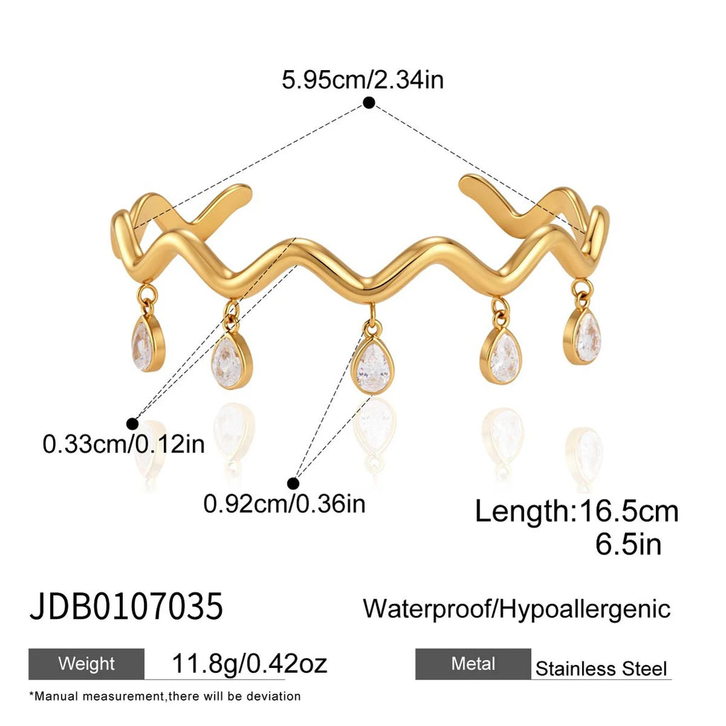 KIKA Water Drop Zircon Wave Shape Cuff Bracelet PVD 18K Gold Plated Stainless Steel 316L