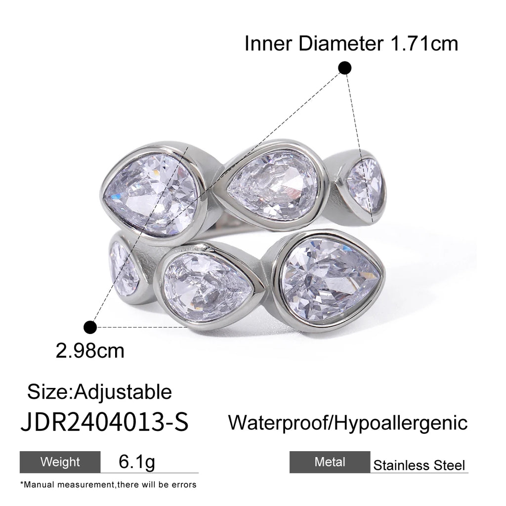 KIKA Waterproof Luxury Shiny Cubic Zirconia Exquisite Stainless Steel 316L Chic Open Ring Adjustable
