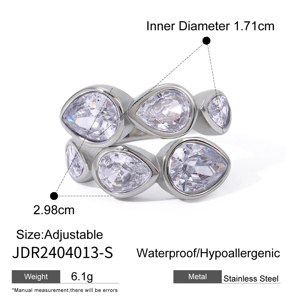 KIKA Waterproof Luxury Shiny Cubic Zirconia Exquisite Stainless Steel 316L Chic Open Ring Adjustable