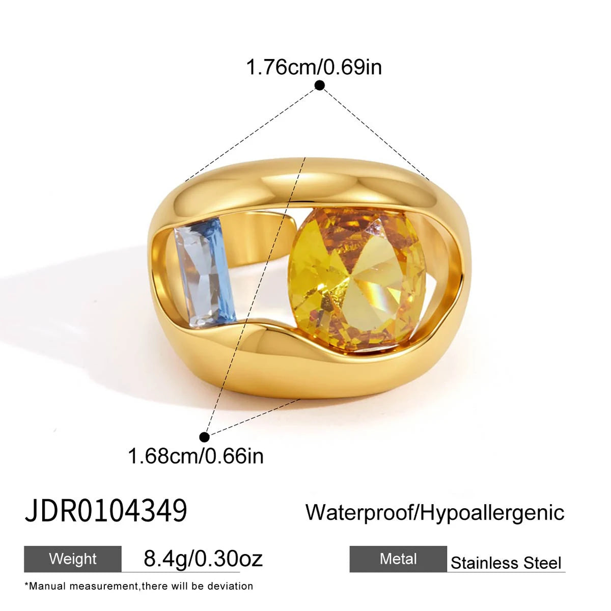 KIKA Chunky Multicolor Big Zircon Hollow Open Ring 18K Gold PVD Plated Stainless Steel 316Lt