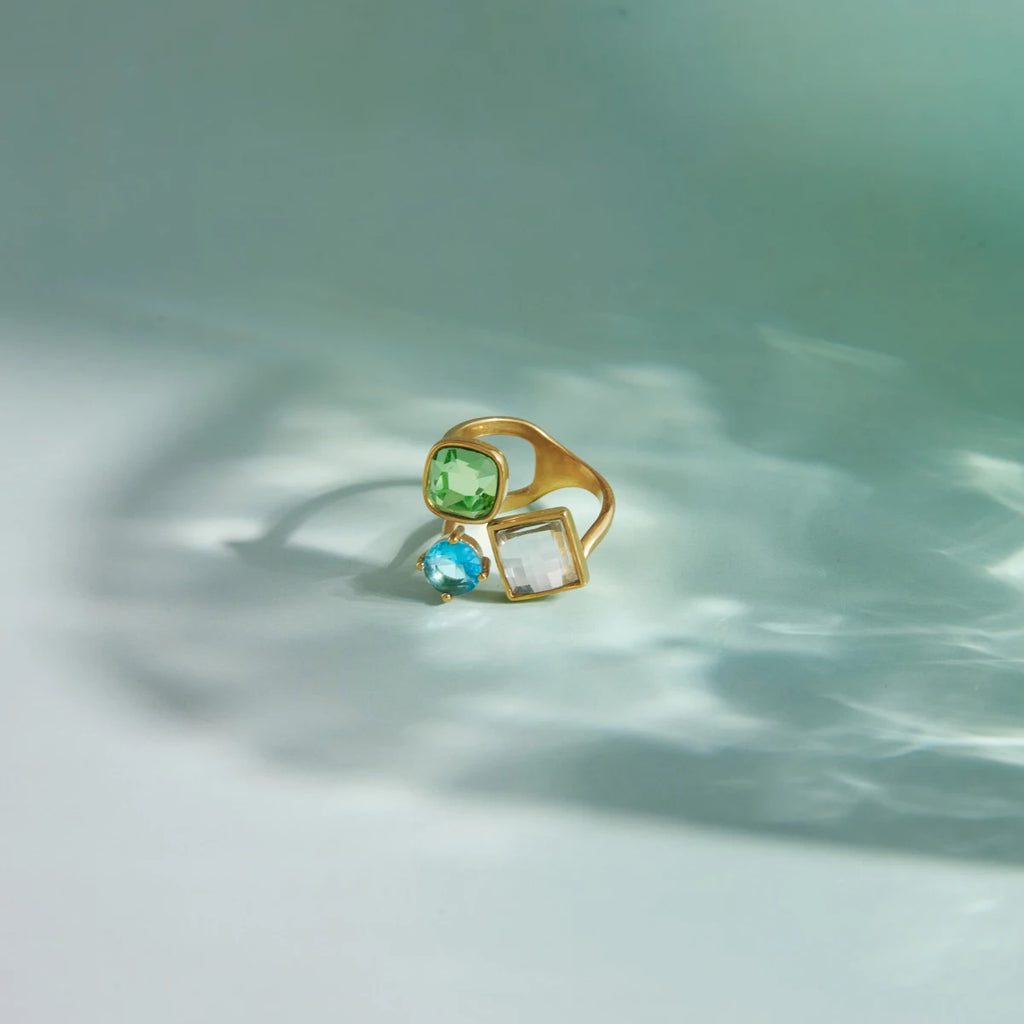 KIKA Delicate Square Yellow Blue White Spliced Zircons Open Ring PVD Plated Stainless Steel 316L