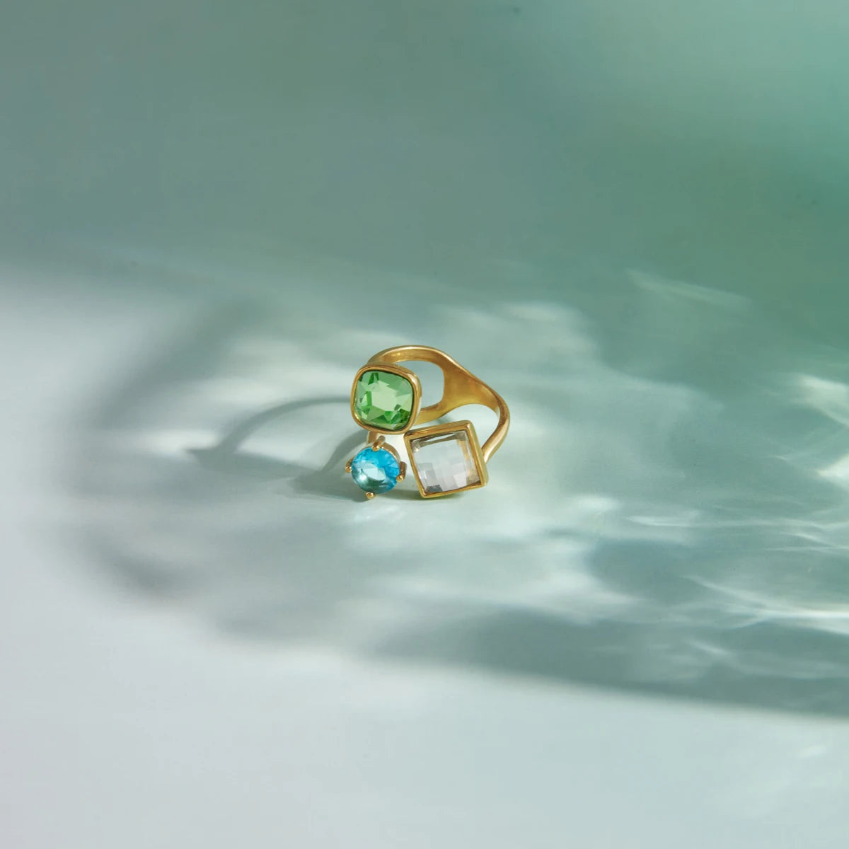 KIKA Delicate Square Yellow Blue White Spliced Zircons Open Ring PVD Plated Stainless Steel 316L
