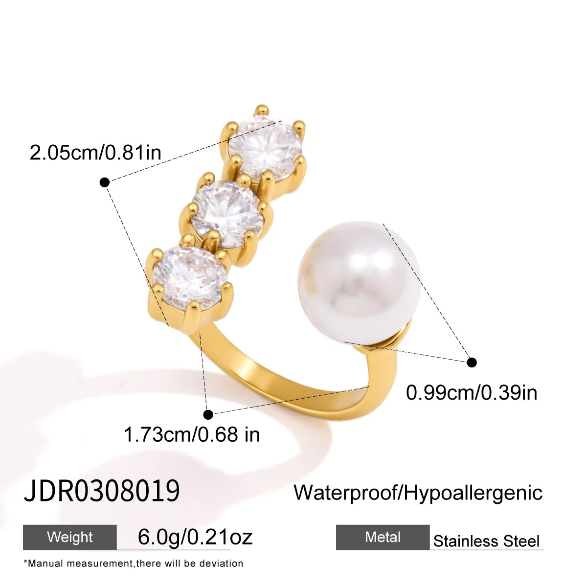KIKA Elegant Zircon Imitation Pearl Open Rings For Women Minimalist 18K Gold Plated Stainless Steel Rings Fashion Jewelry Gift