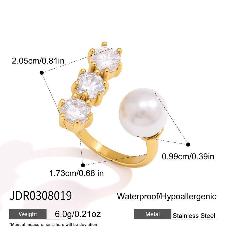 KIKA Elegant Zircon Imitation Pearl Open Rings For Women Minimalist 18K Gold Plated Stainless Steel Rings Fashion Jewelry Gift