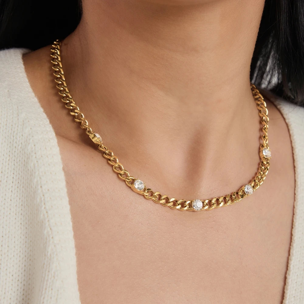 KIKA Minimalist Crystal Chunky Chain Necklace For Women Classic 18K Gold PVD Plated Stainless Steel Necklace Fashion Jewelry
