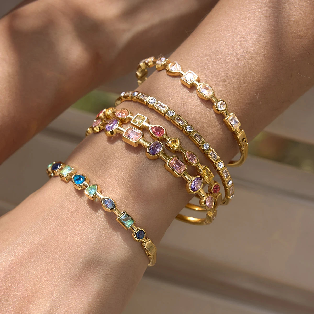 Kika Delicate Blue Pink Geometric Shape Splicing Colored Zircons  Bracelet