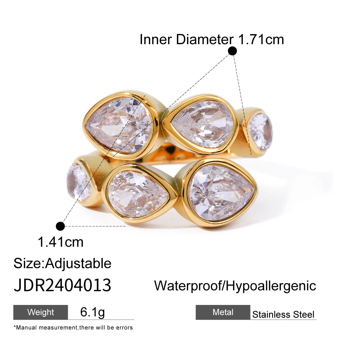 KIKA Waterproof Luxury Shiny Cubic Zirconia Exquisite Stainless Steel 316L Chic Open Ring Adjustable