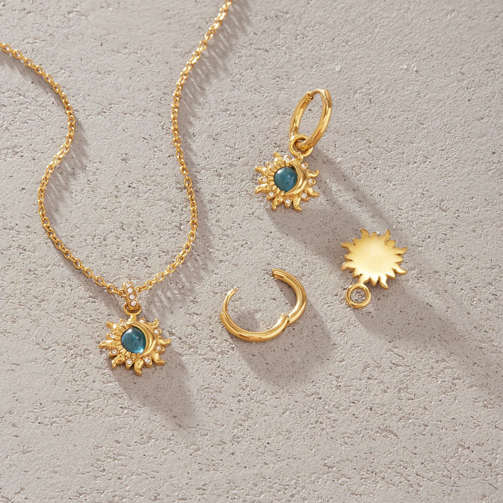 Kika Elegant Blue Resin Necklace Earrings Gold PVD Plated Stainless Steel 316L Moon Star