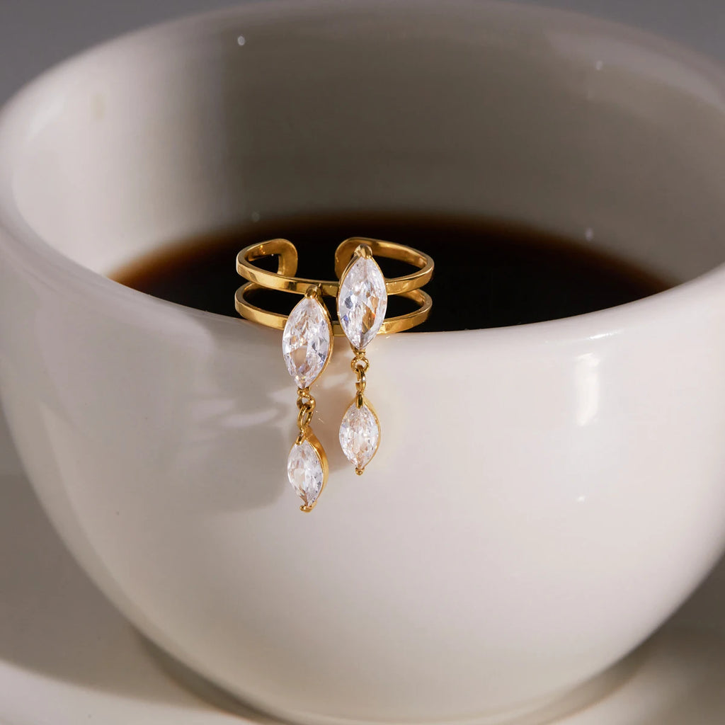 KIKA Horse Eye Shape Zircon Open Rings  18K Gold PVD Plated Stainless Steel 316L