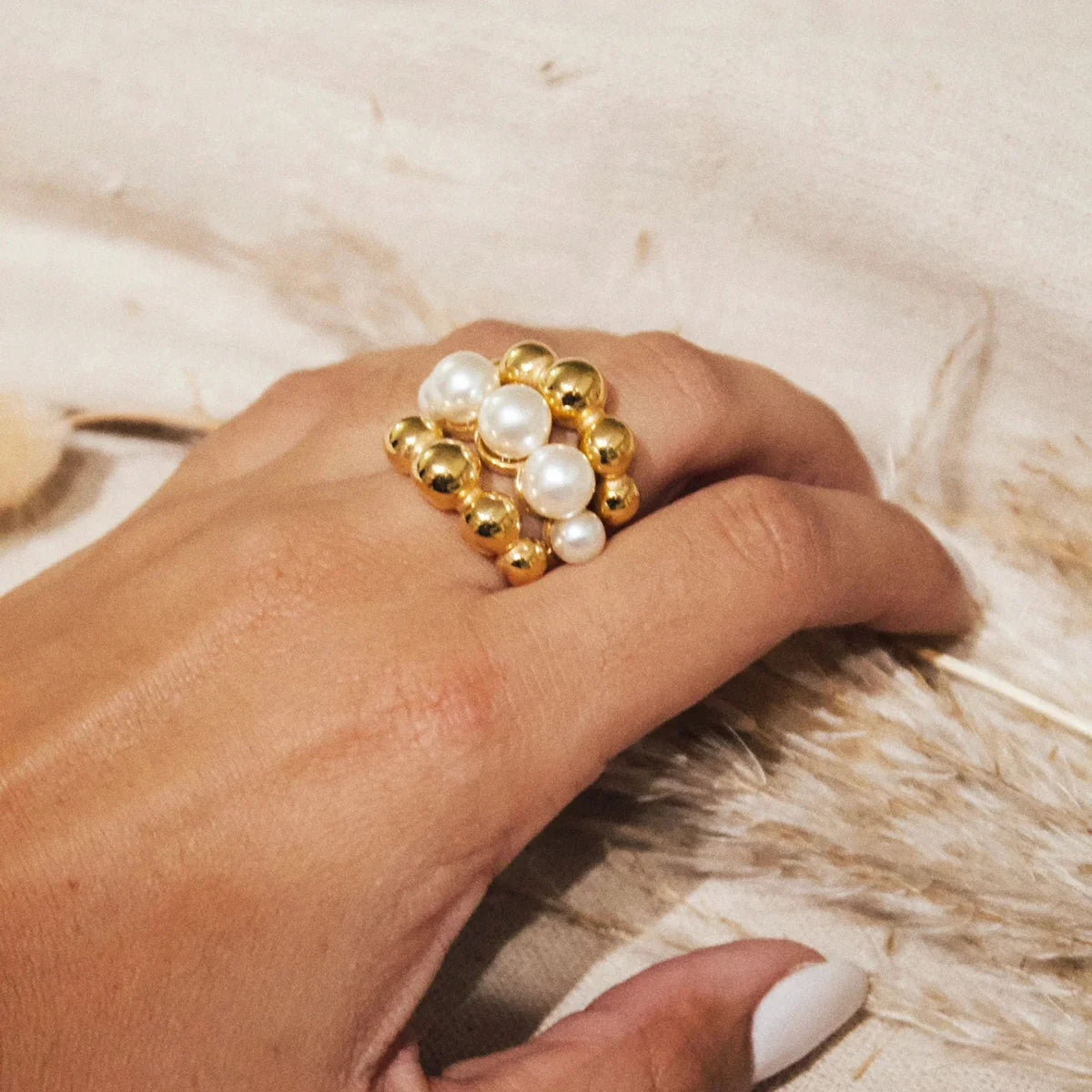 Kika Stacking Pearl Ring For Women-18K Gold Color Plated Large Statement Ring