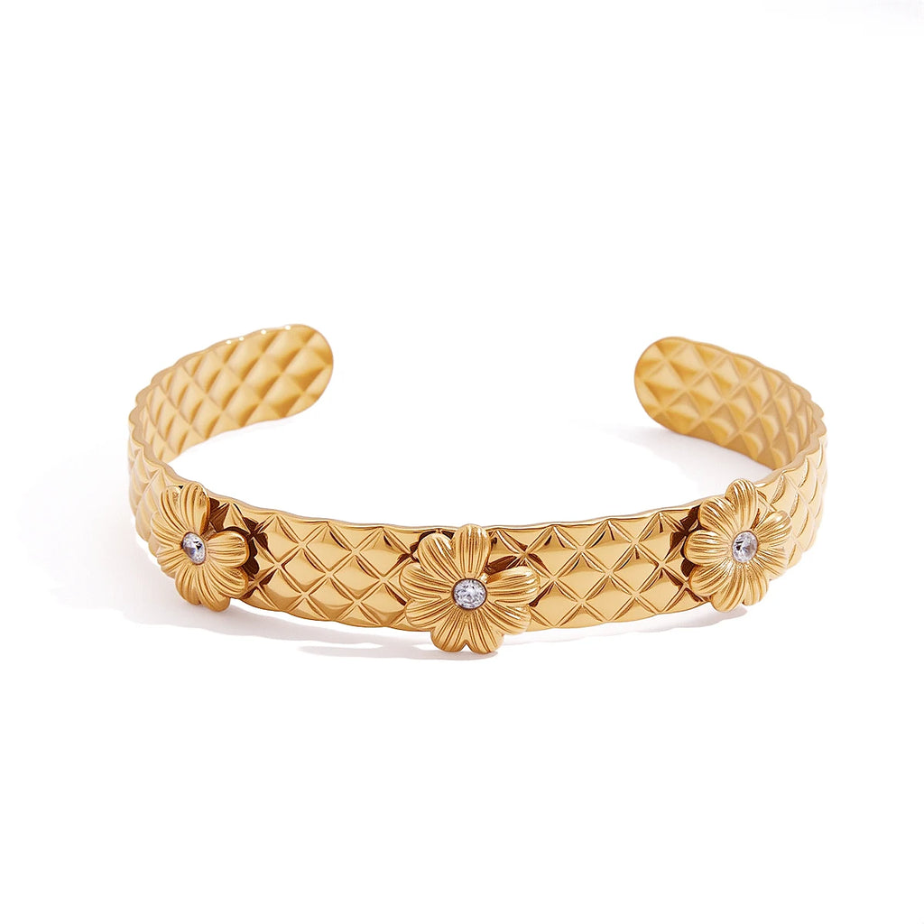 KIKA Classic Daisy Flower Bracelet With White Zircon Accents Jewelry Set For Women Gold Plated Stainless Steel Layered Jewelry