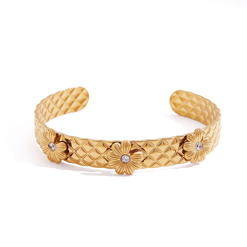 KIKA Classic Daisy Flower Bracelet With White Zircon Accents Jewelry Set For Women Gold Plated Stainless Steel Layered Jewelry