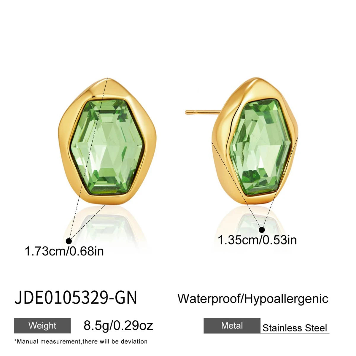 KIKA Elegant Glass Stone Stud Earrings  18K Gold PVD Plated Stainless Steel 316L