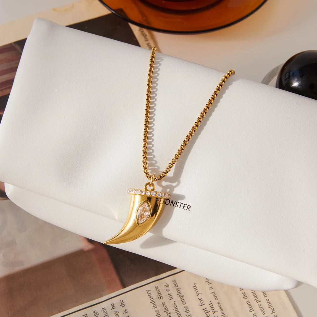 Kika Creative Large White Zircon Cow Horn Pendant Necklace