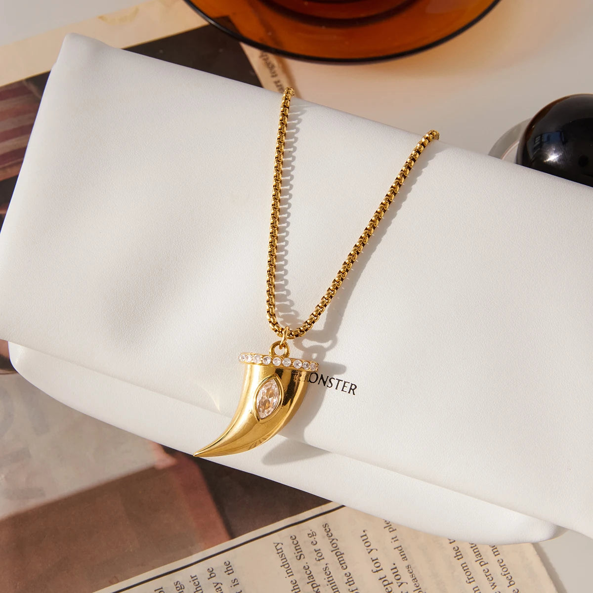 Kika Creative Large White Zircon Cow Horn Pendant Necklace